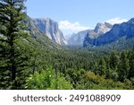 green forest trees in Yosemite valley,  Yosemite National Park tunnel view. In California, America