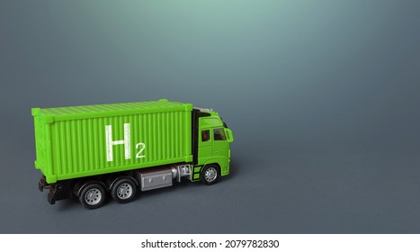 Green Freight Truck On Hydrogen Fuel Cells. Innovative Green Technologies In Transport Industry. Environmentally Friendly, Carbon Emission Free. Transition Economy To Renewable Clean Energy Sources