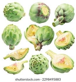 Green french artichokes and artichoke slices flying or levitating in the air. Clipping path.