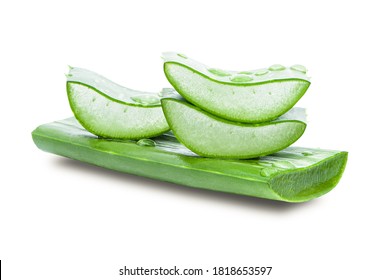 Green fresh aloe vera leaf with slice isolated on white background. Natural herbal medicine plant, skincare and beauty spa concept.