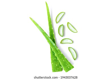 Green fresh aloe vera leaf with aloevera slice isolated on white background. Top view. Flat lay.