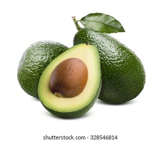 Green Fresh Whole Avocado And Cut Half With Seed Isolated On White Background As Package Design Element