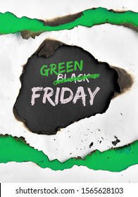 Green Friday Concept, Hole Burned In White And Green Paper. Text 