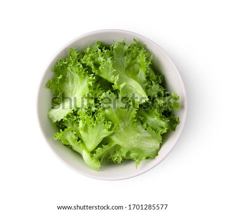 green frillies iceberg lettuce in white bowl isolated on white background. top view