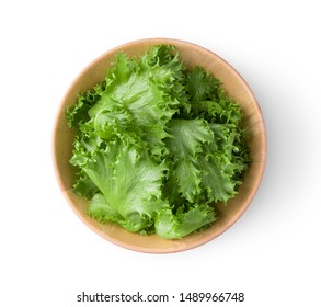 Green Frillies Iceberg Lettuce In Wood Bowl Isolated On White Background. Top View