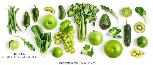 Green fruit and vegetable mix collection. Celery, apple, avocado, cucumber, bean, rucola, grape, bok choy, lime, grapefruit, kiwi, pepper isolated on white background. Creative layout. Flat lay
 - Powered by Shutterstock