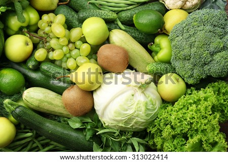 Green fruits and vegetables background