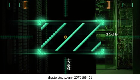 Green futuristic loading bar image over server room background. Technology, digital, progress, data, network, progress bar