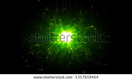 Green futuristic space particles  in bright round energy structure. space orb VFX design element. Abstract colorful lights background animation energy ray of power electric magnetic.