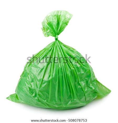 Green garbage bag on white background