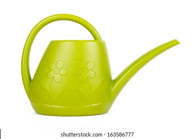 Green garden watering can, isolated on white background.