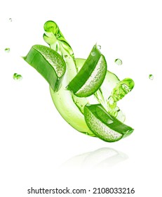 Green gel flowing with aloe vera slices isolated on white background with clipping path.