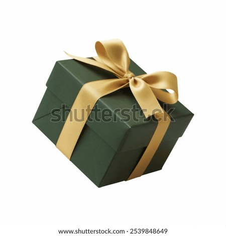 Green gift box and gold ribbon. Isolated white background cutout.
