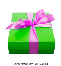 Green Gift Box With Hot Pink Bow Isolated On White Background