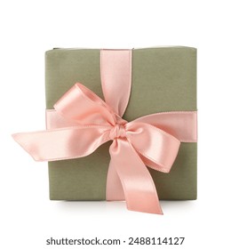 Green gift box with pink bow on white background. International Women's Day - Powered by Shutterstock