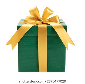green gift box wrapped with gold bow and ribbon isolated on white background.