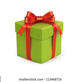 A Green Gift With A Red Ribbon And A Bow