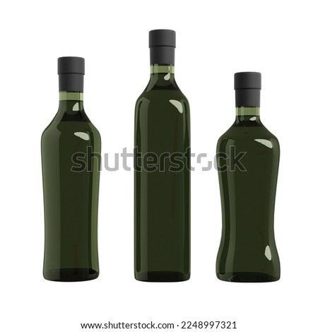 Green glass bottles in various shapes, 3d rendering. Cooking vegetable oil vials in isolated background, mockup design