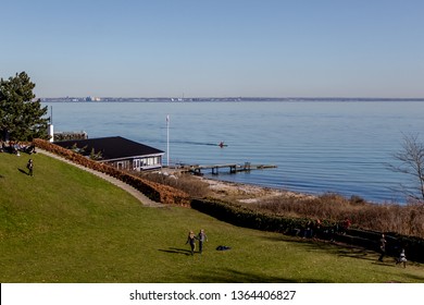 The Green Glass Field Connect To The Oresund Ocean At Louisiana Museum Of Modern Art.  Humlebaek, Fredensborg Municipality, Denmark. 11/03/2017