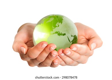 Green Glass Globe In Hand Isolated