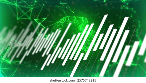 Green globe and bar graph data processing image over digital network connections. Technology, networking, analytics, futuristic, visualization, global