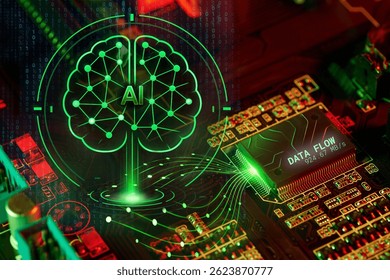 A green, glowing AI brain icon overlaid on a circuit board and binary code, conveying technological advancement.