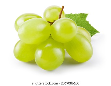 Green grape isolated on white. Fresh green grape with leaves. With clipping path. Full depth of field. Perfect not AI grape, true photo.