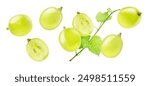 Green grapes with grape leaf flying in the air isolated on white background.