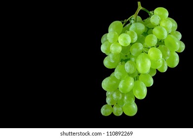 Green grapes hanging on a black background