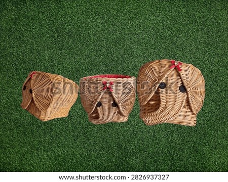The green grass background in the image features a wicker basket shaped like an elephant. This type of woven wicker basket has a trunk and black eyes and is used for various purposes in homes.
