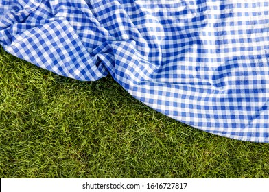 Green Grass Blue Checked Picnic Cloth Blanket Top View Background