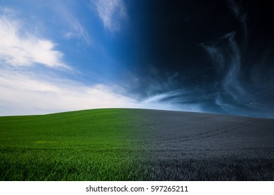 Green Grass And Blue Sky Night And Day Background