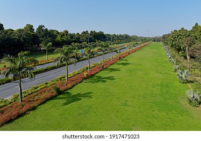 Green Grass With A Blue Sky-long Roadside View Of Shanti Path, Chanakya Puri, New Delhi, India. Photoshoot 17-03-2020.