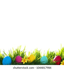 Green Grass And Easter Eggs Isolated On White Background