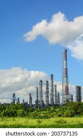 Green Grass Field And Oil Refinery Factory Plant Or Petrochamical And Power