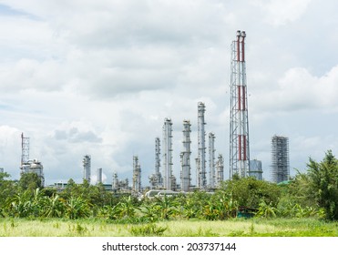 Green Grass Field And Oil Refinery Factory Plant Or Petrochamical And Power