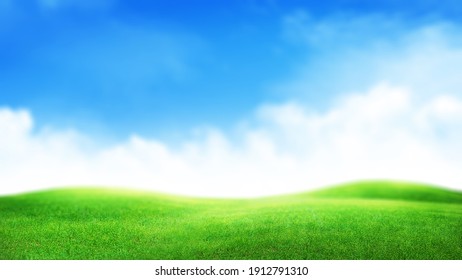 Green Grass Field And Sunny Sky With Clouds Over Horizon. Soft Focus Wide Summer Landscape Backdrop