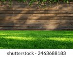 Green grass lawn and wooden wall