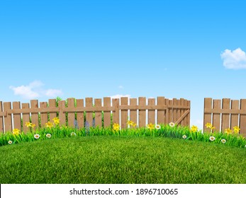 Green Grass Meadow And Spring Flowers At Backyard Background