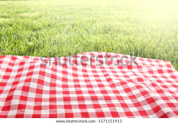 Green grass red checked\
picnic cloth blanket top view background.Food advertisement design\
backdrop.
