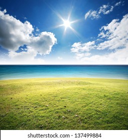 Green Grass River Lake Sea Nature Background Blue Sky Landscape