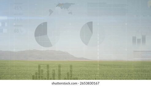 Green grass spreading across rural plain, with translucent pie chart and bar graph overlays. Landscape, data visualization, analytics, rural, abstract, technology, outdoor