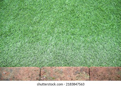 Green Grassy Field Texture In Garden Top View And Brick Block  On  Background