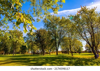 Green groomed lawns, trees with green, yellow, orange and yellow foliage. Canada. Bright fall colors. Province of Quebec. Gorgeous bright autumn landscape.  - Shutterstock ID 2174598117