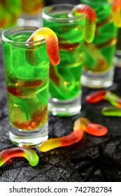 Green Halloween Jello Shots With Gummy Worms