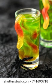 Green Halloween Worm Jello Shots On The Dark Background