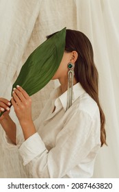 Green Handmade Earrings And Leaf, Minimalism