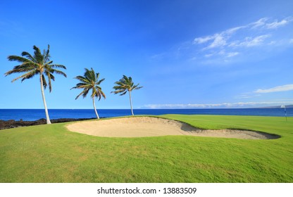 Green Hawaiian Golf Course on Lava Ocean Shore of Kona Island