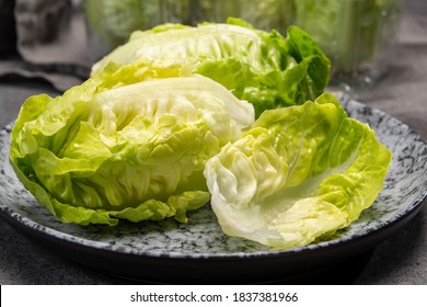 Green Heads Of Fresh Italian Baby Cos Romaine Lettuce Close Up