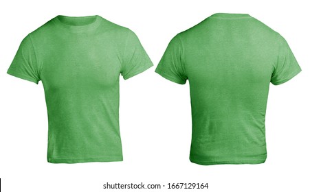 Green Heather Color T-shirt Mock Up, Front And Back View, Isolated. Plain Green Shirt Mockup. Shirt Design Template. Blank Tees For Print